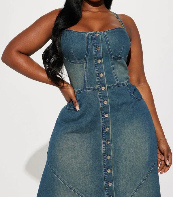 FZ Women's Halter Backless Tie Tiered Maxi Denim Dress