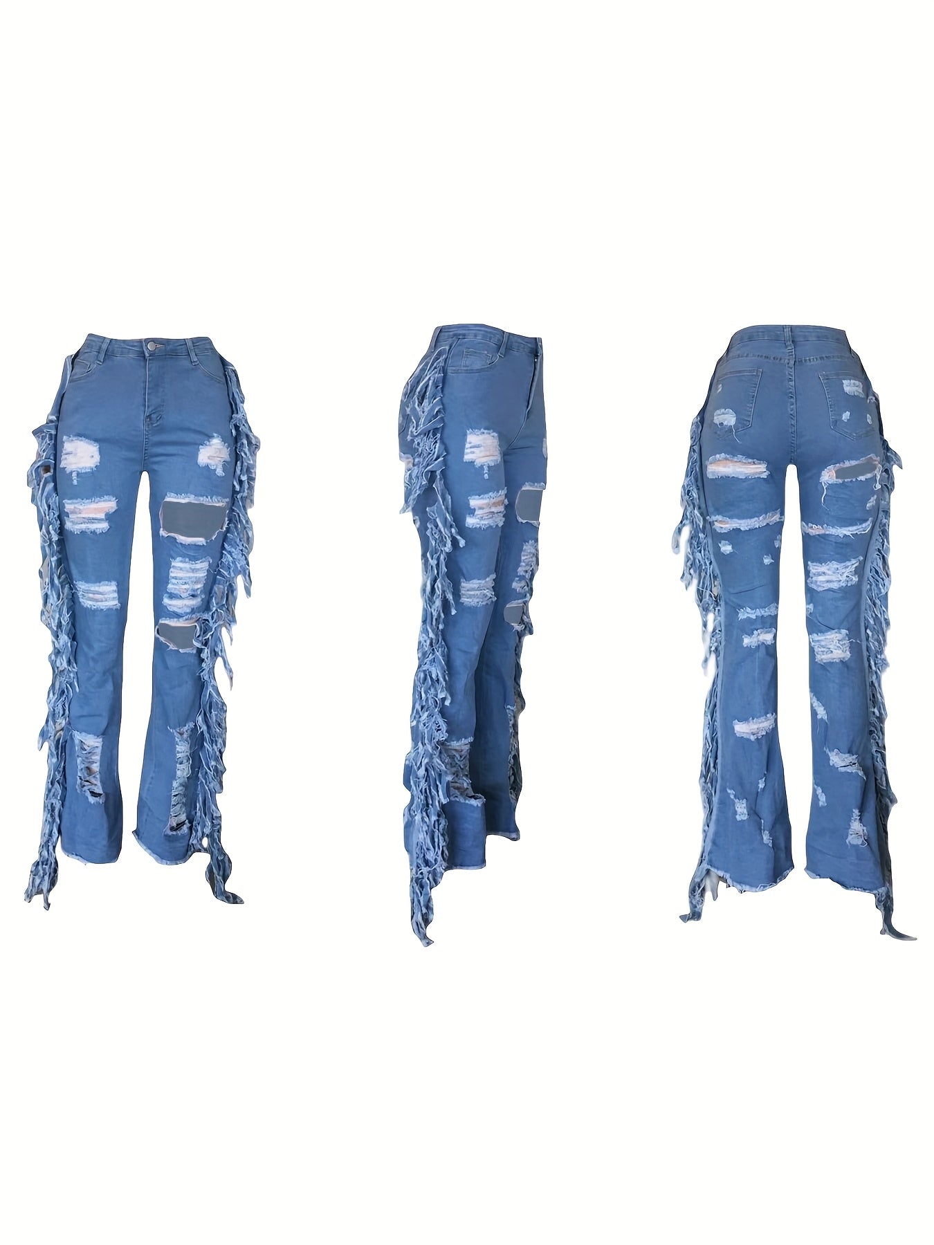 FZ Women's High Waist Skinny Flare Ripped Hole Fringed Raw Hem Denim Pants