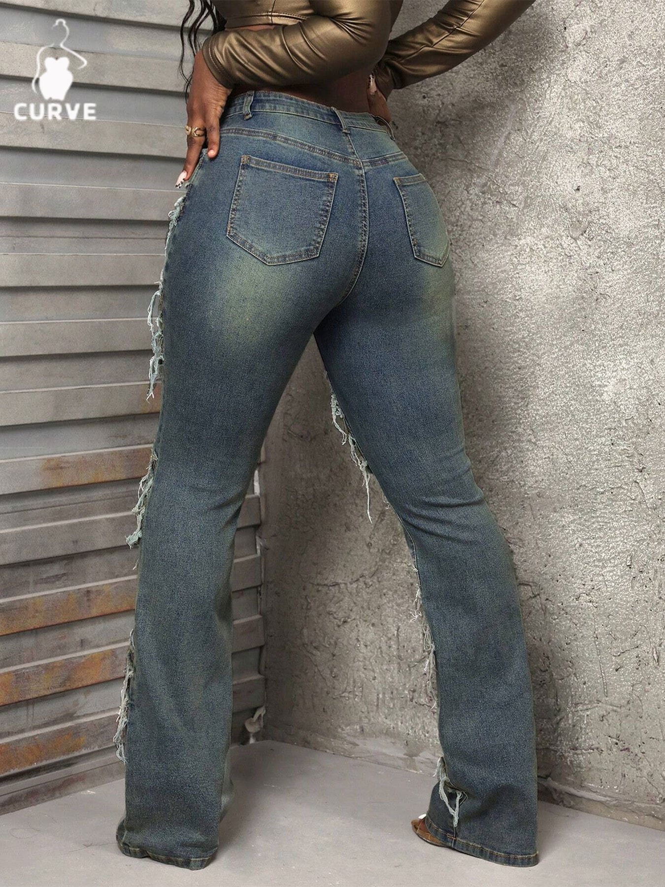 FZ Women's Plus Size High - Waisted Distressed Flared Denim Pants