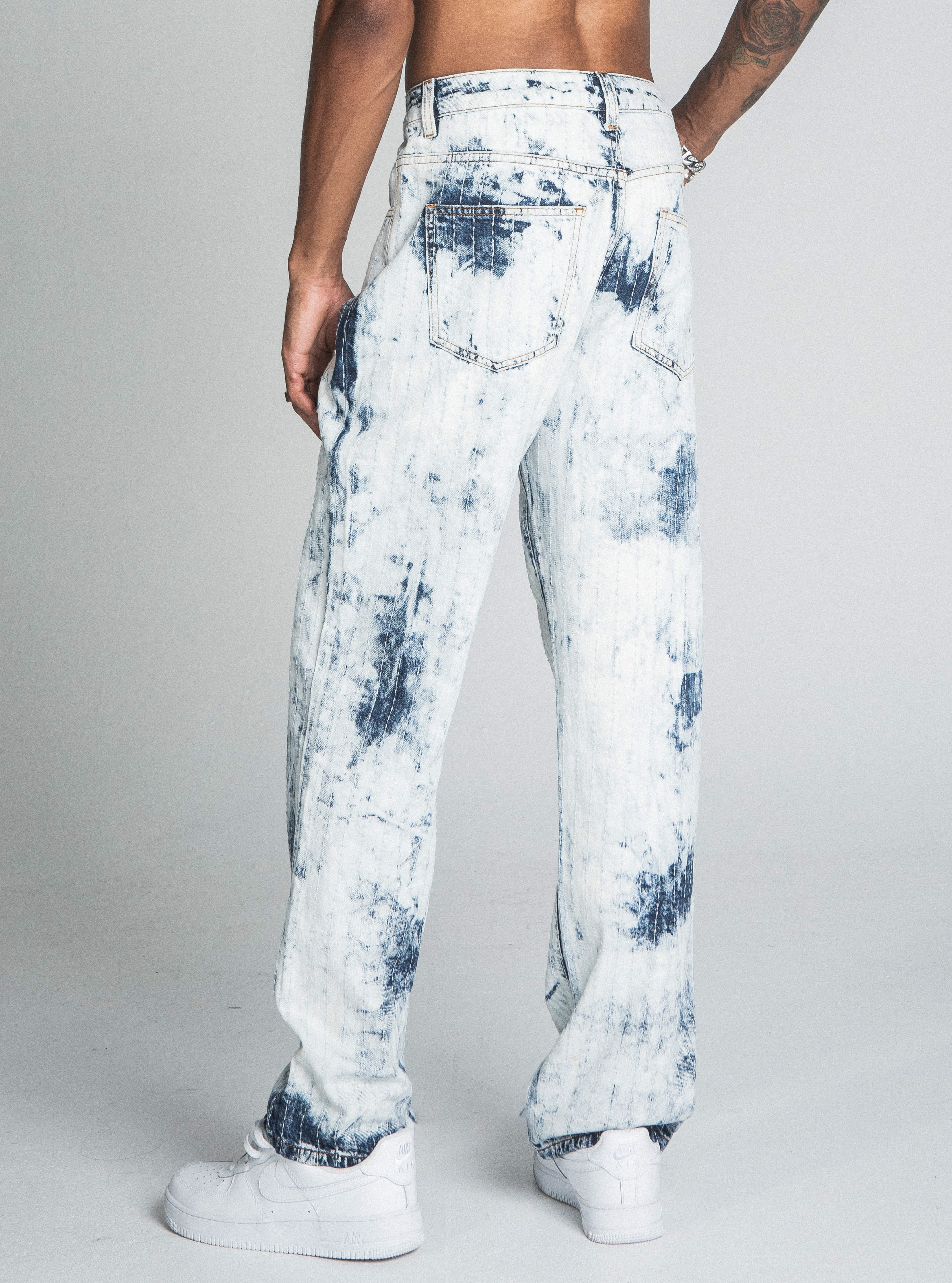 AJ01L-1 DARK BLUE/WHITE TIE DYE THREAD LINE LOOSE JEANS PANTS