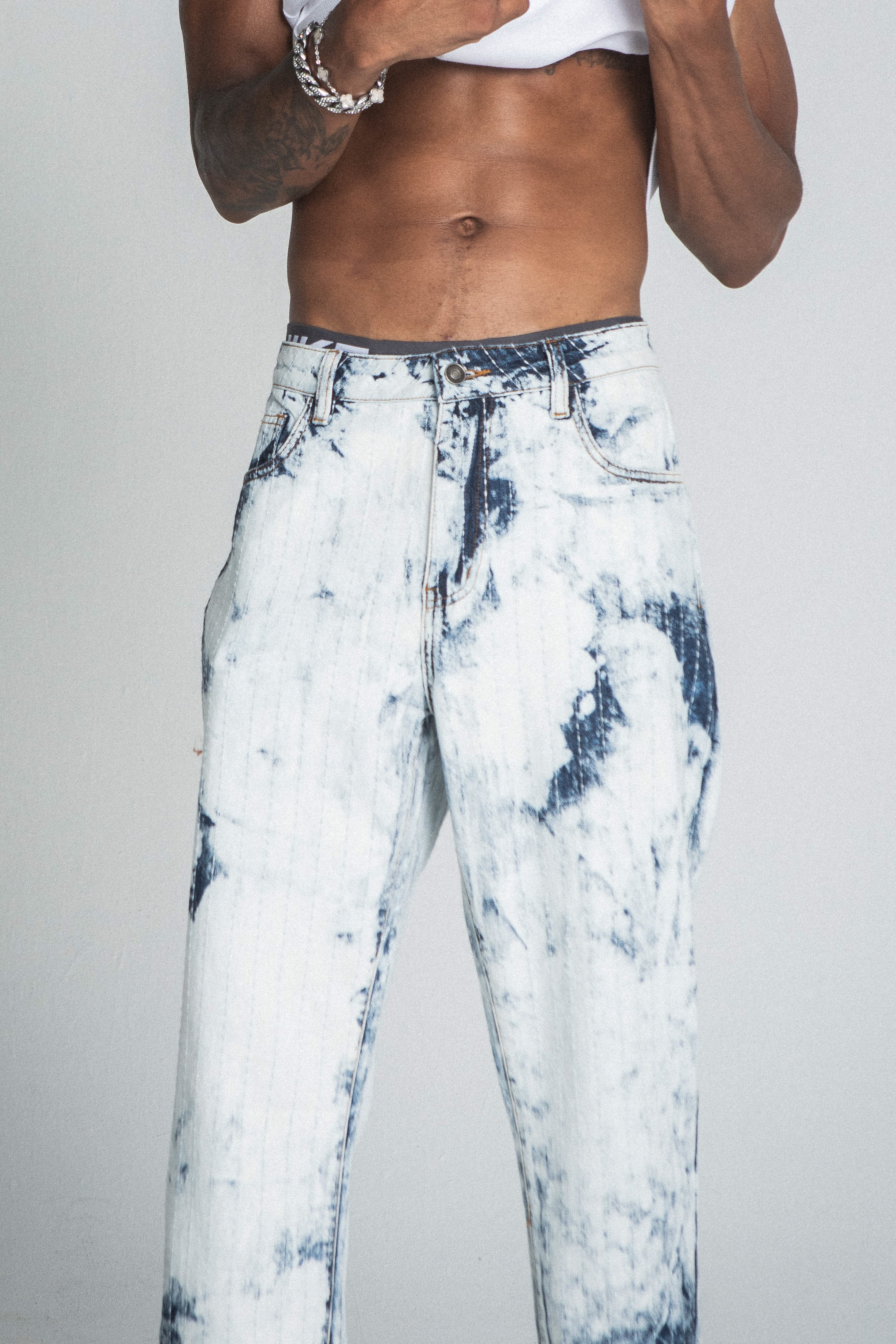 AJ01L-1 DARK BLUE/WHITE TIE DYE THREAD LINE LOOSE JEANS PANTS