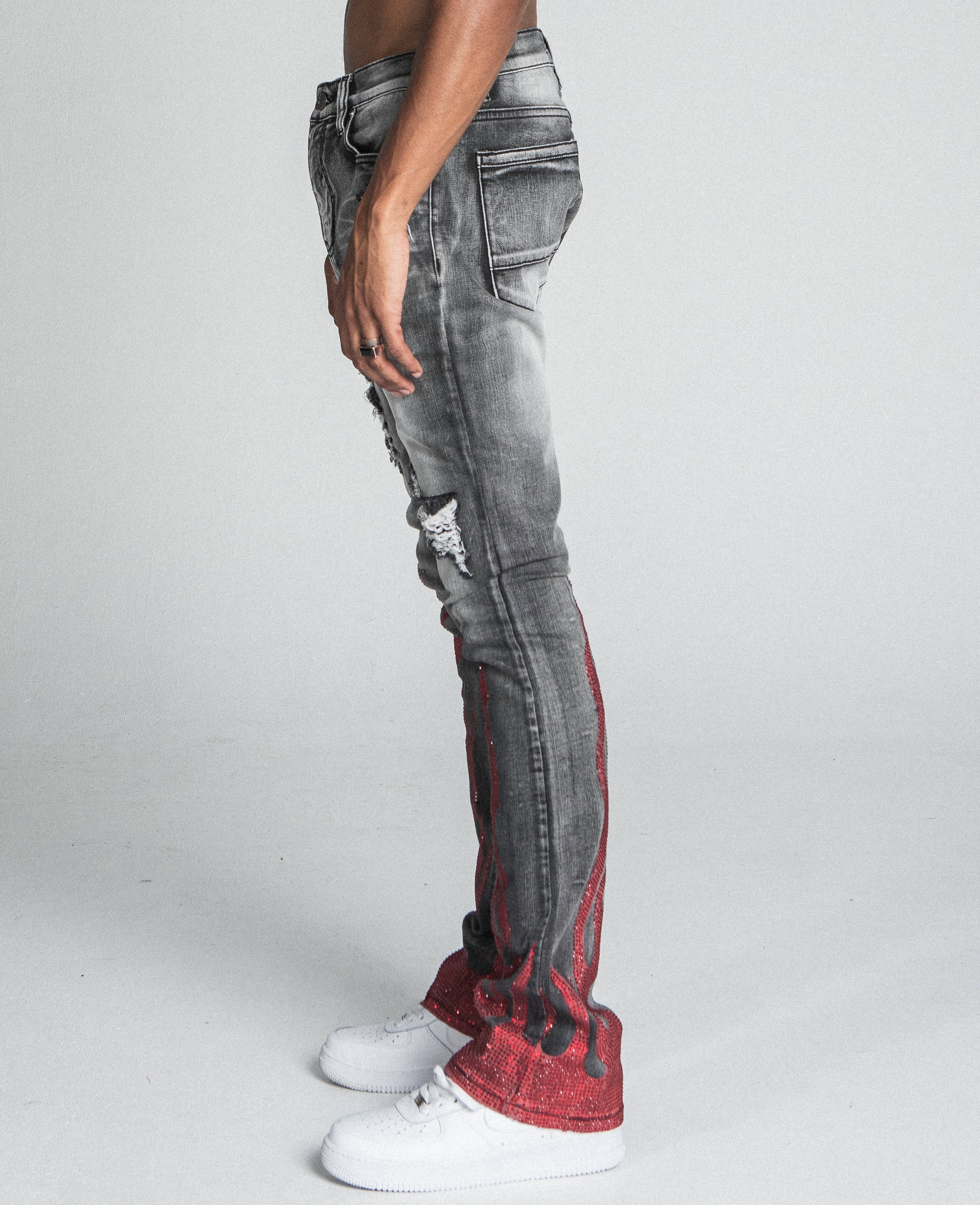 AJ23SK FLAME RHINESTONE STACKED JEANS PANTS