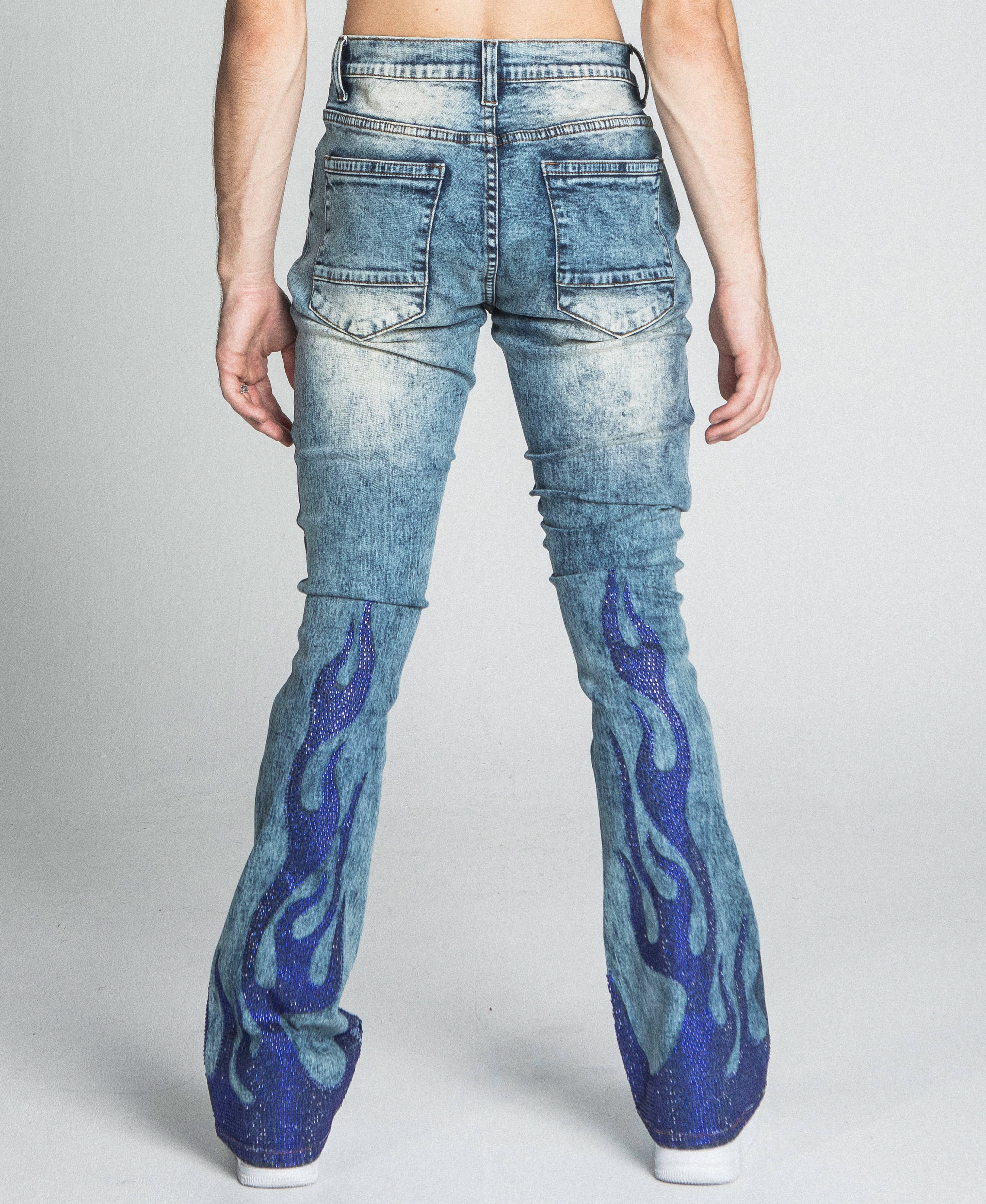 AJ23SK FLAME RHINESTONE STACKED JEANS PANTS