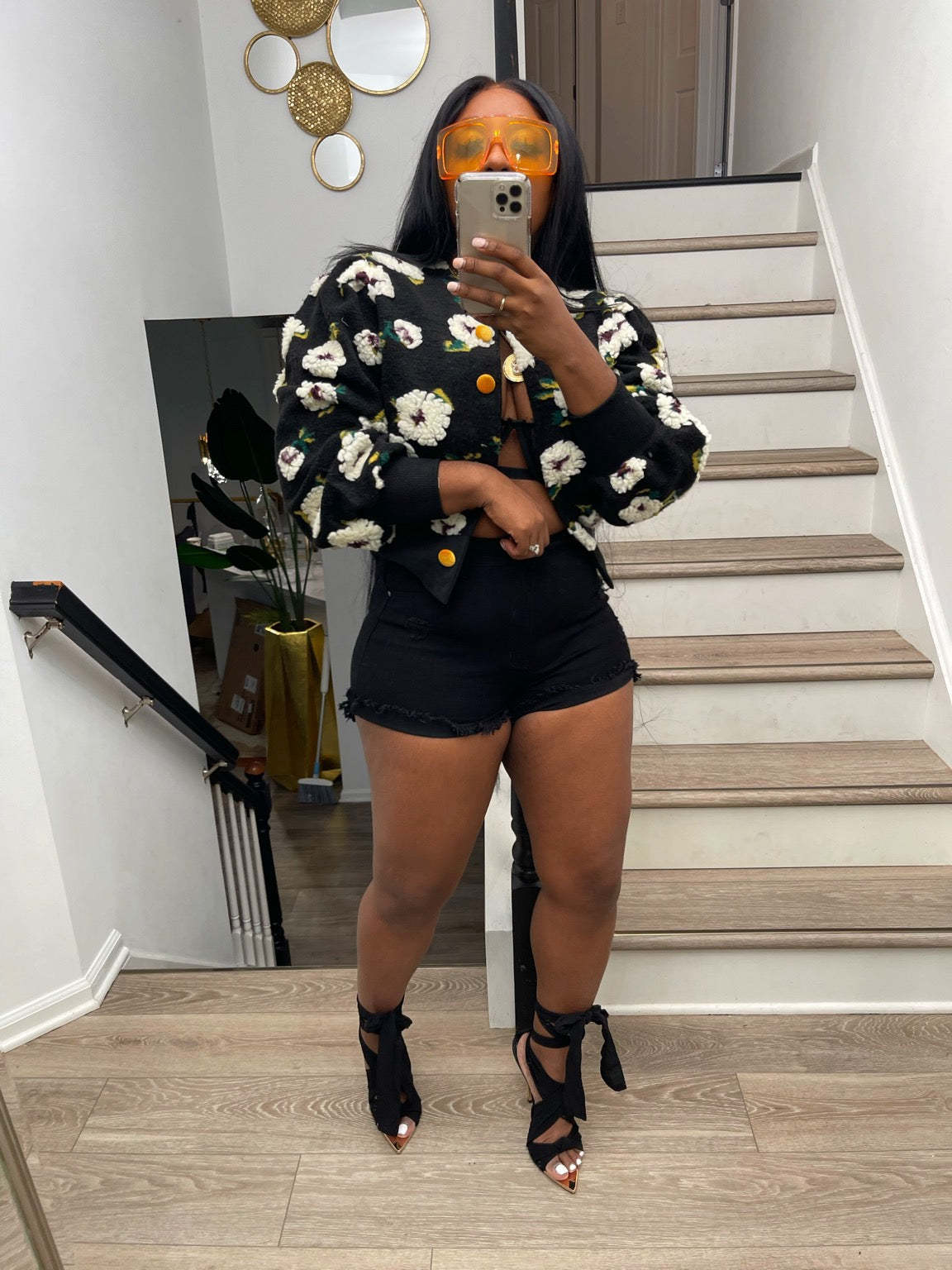 FZ Women's Retro Three Dimensional Floral Loose Single Breasted Jacket