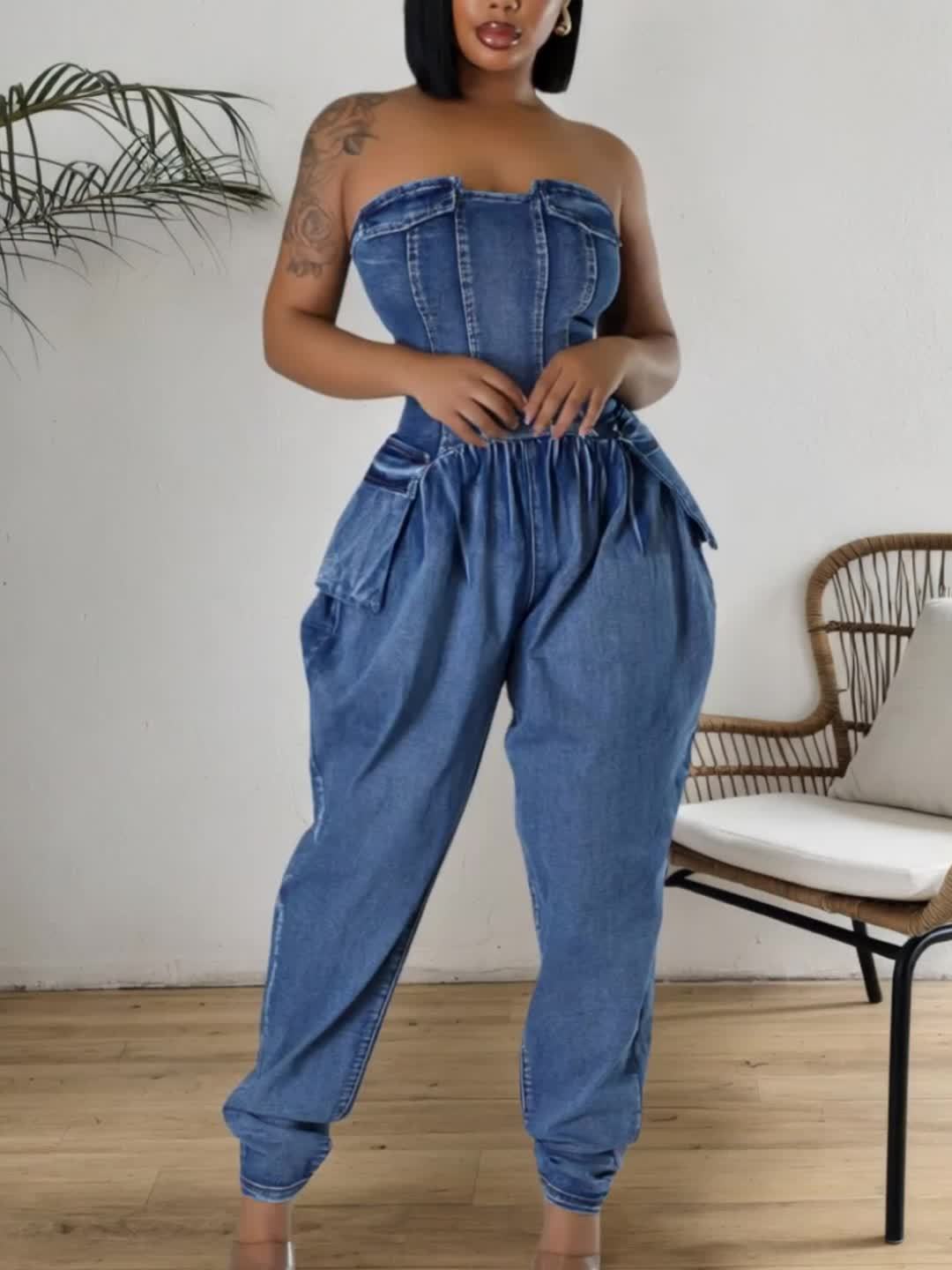 FZ Women's Cargo Fashion Sleeveless With Pockets Strapless Denim Jumpsuit