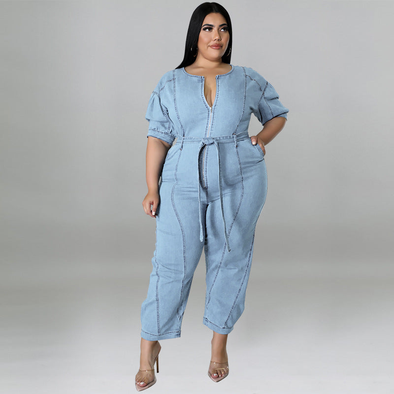 Plus Size Women Clothing Summer Short Sleeve Zipper Wash Denim Jumpsuit MINDA