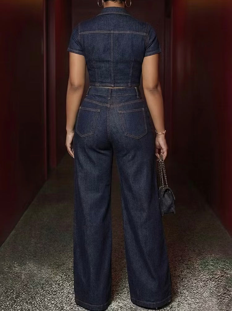 FZ WOmen's Zip Up Short Sleeve Wide Leg 2pcs Denim Pants Suit