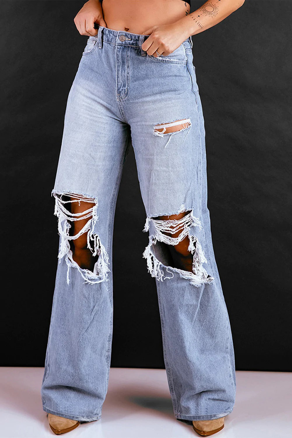FZ Women's Retro High Waist Ripped Wide Legged Denim Pants - FZwear