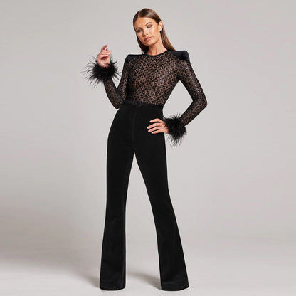 FZ Women's Sexy Lace Sequined Feather Bandage Jumpsuit - FZwear