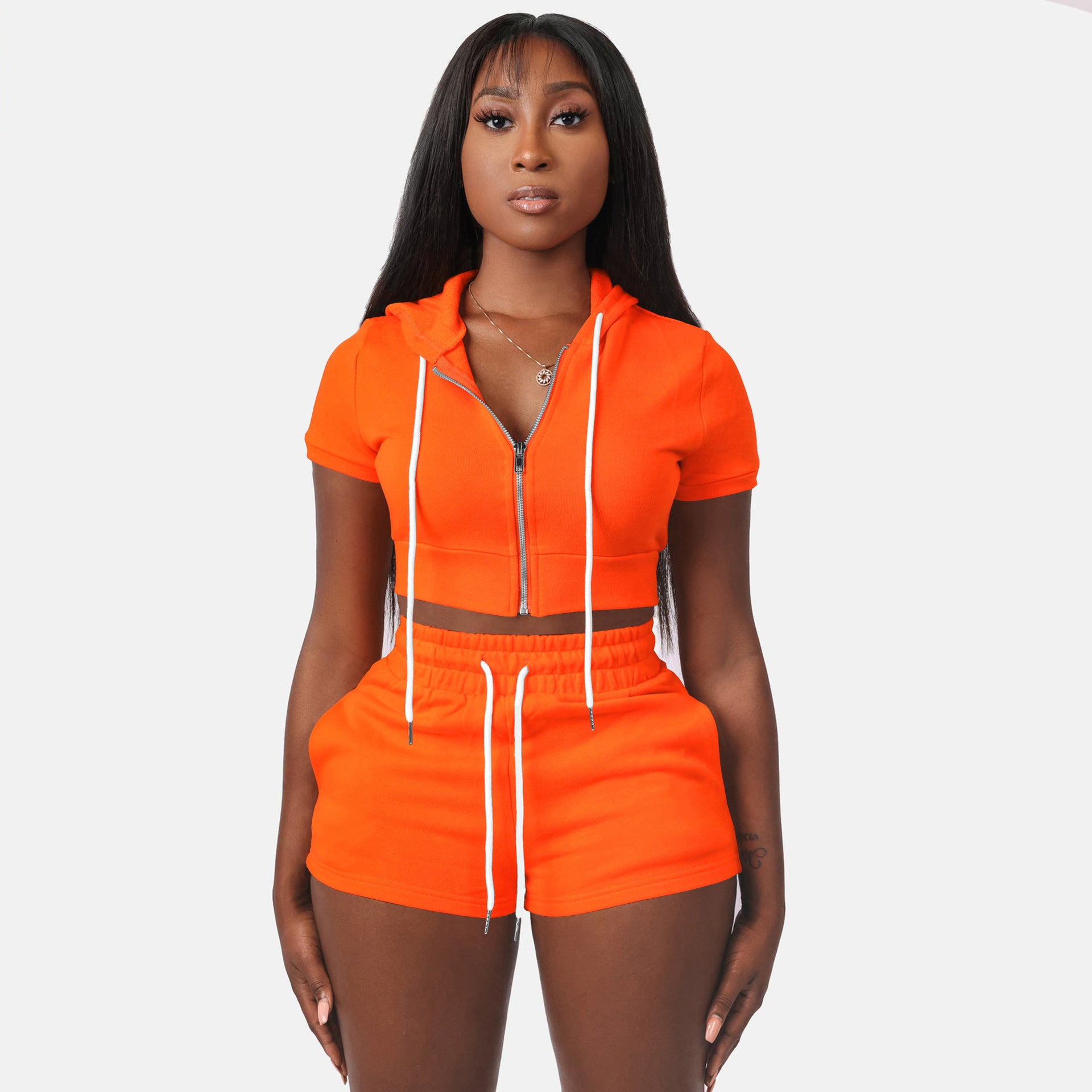 Women Clothing Supply Zipper Cardigan Solid Color Short Top Hoodie Two Piece Set Set ShineRay