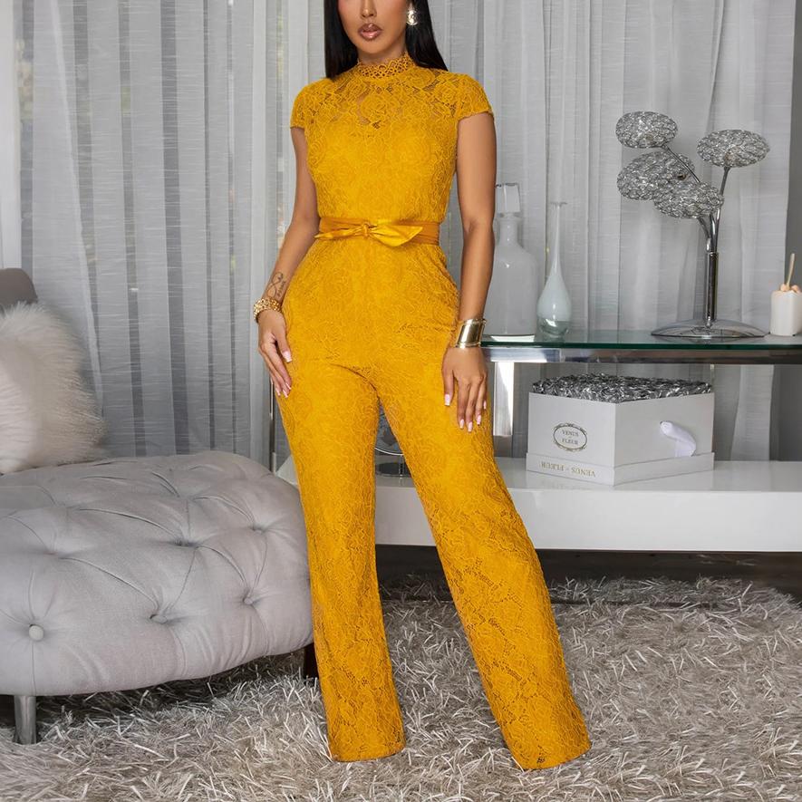 FZ Women's Round Neck Short Sleeve Lace Wide Leg Jumpsuit