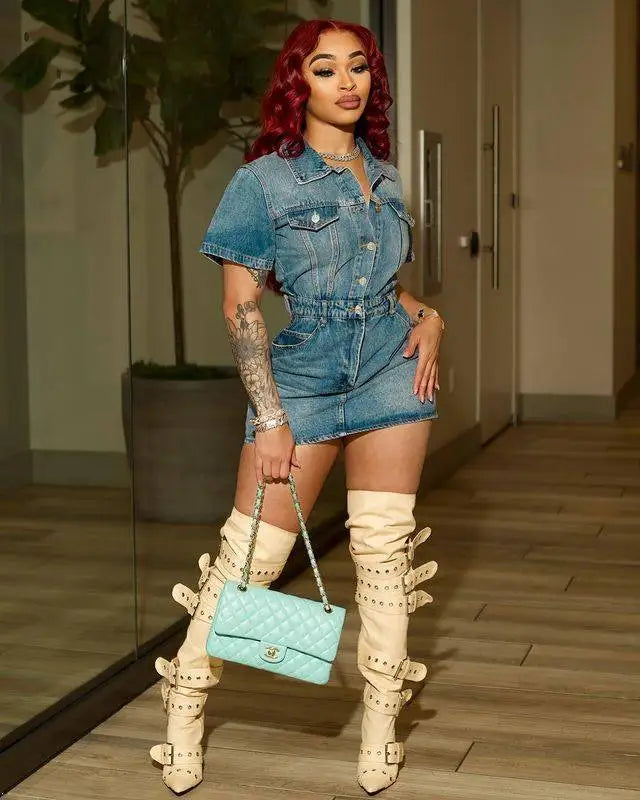 FZ Women's Short Sleeve Single Breasted Midi Denim Dress