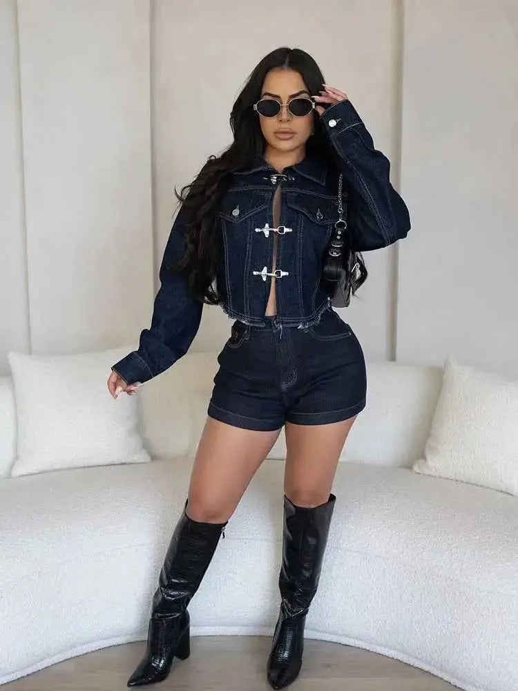 2 Piece Sets Women Outfit Luxury Elegant Winter Streetwear Long Sleeve Real Denim Jacket and Shorts Sets Sexy Jeans Sets FZwear