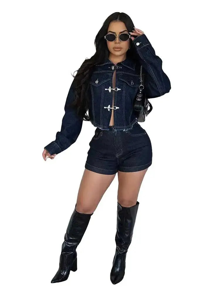 2 Piece Sets Women Outfit Luxury Elegant Winter Streetwear Long Sleeve Real Denim Jacket and Shorts Sets Sexy Jeans Sets FZwear