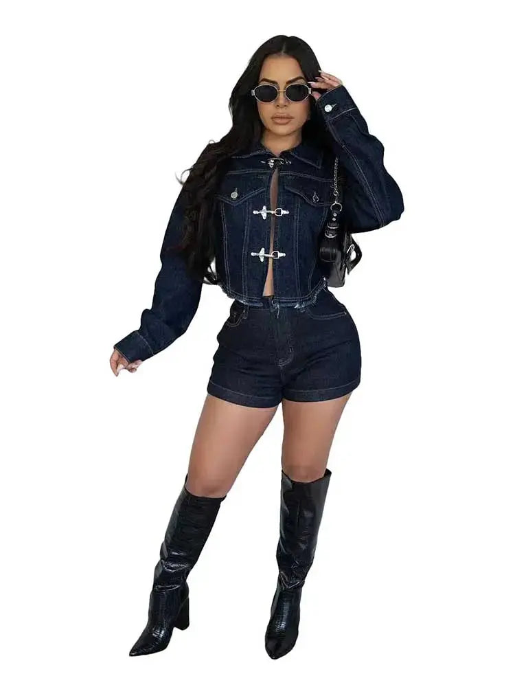 2 Piece Sets Women Outfit Luxury Elegant Winter Streetwear Long Sleeve Real Denim Jacket and Shorts Sets Sexy Jeans Sets FZwear