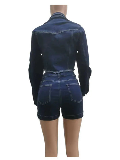 2 Piece Sets Women Outfit Luxury Elegant Winter Streetwear Long Sleeve Real Denim Jacket and Shorts Sets Sexy Jeans Sets FZwear