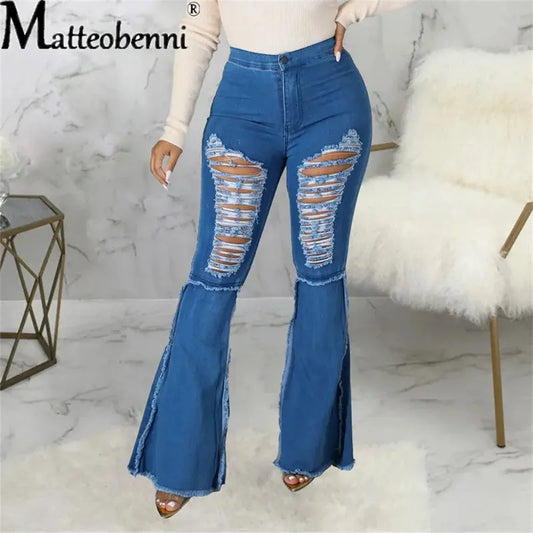 FZ Women's Sexy Ripped High Waist Vintage Flare Bell Bottom Denim Pants - FZwear