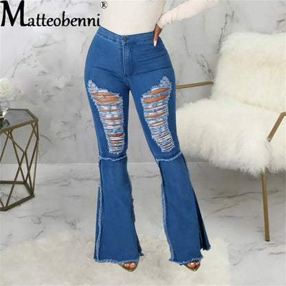 2021 Sexy Ripped Jeans For Women High Waist Jeans Vintage Flare Jeans With Holes Patchwork Bell Bottom Jean Denim Pants Trousers FZwear