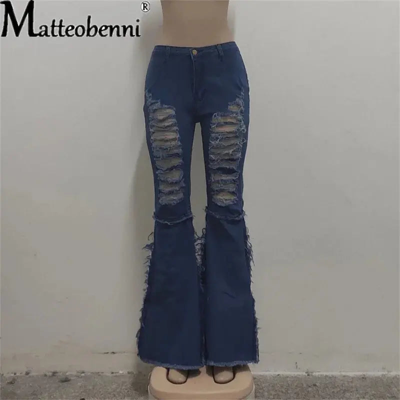 2021 Sexy Ripped Jeans For Women High Waist Jeans Vintage Flare Jeans With Holes Patchwork Bell Bottom Jean Denim Pants Trousers FZwear