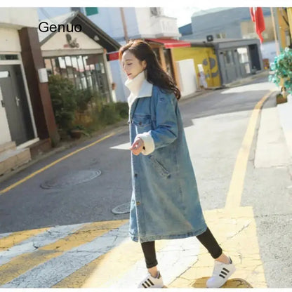 2021 Women Basic Coat Winter Denim Jacket Women Warm Wool Lining for Women Jeans Jacket Female X-Long Denim Coat Chaqueta Mujer FZwear