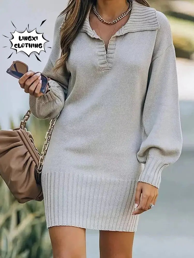 2023 Autumn and Winter Fashion Women's Knitted Hip Skirt Elastic Elegant Sexy Polo Party Knitted Sweater Pullover Long Dress FZwear