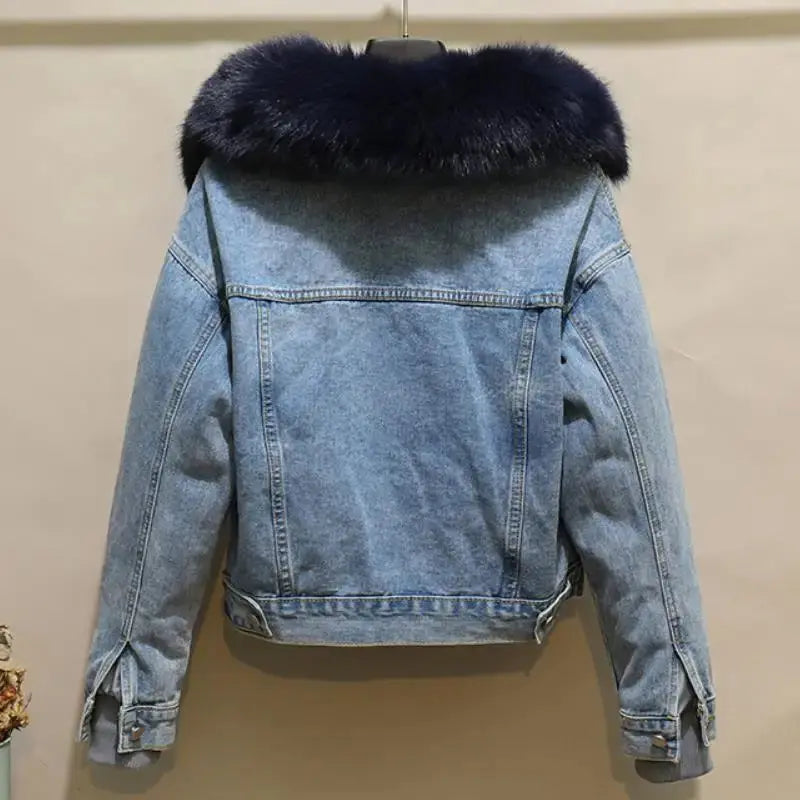 2023 Korean Detachable Rabbit Fur Liner Jean Coat  Velvet Real Fox Fur Collar Short Denim Fur Jacket Thick Parkas for Women FZwear