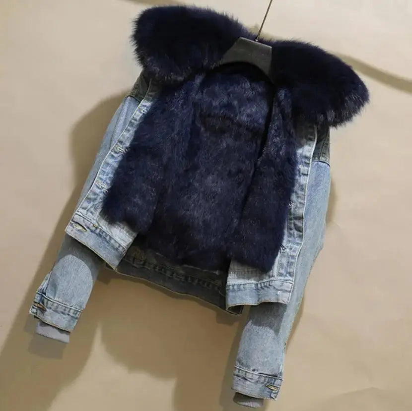 2023 Korean Detachable Rabbit Fur Liner Jean Coat  Velvet Real Fox Fur Collar Short Denim Fur Jacket Thick Parkas for Women FZwear