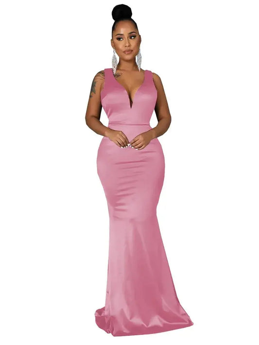 2023 Summer Dresses for Women Deep V-neck Satin Sleeveless Evening Dress Vestidos De Mujer Casual Elegant Maxi Robe Female FZwear