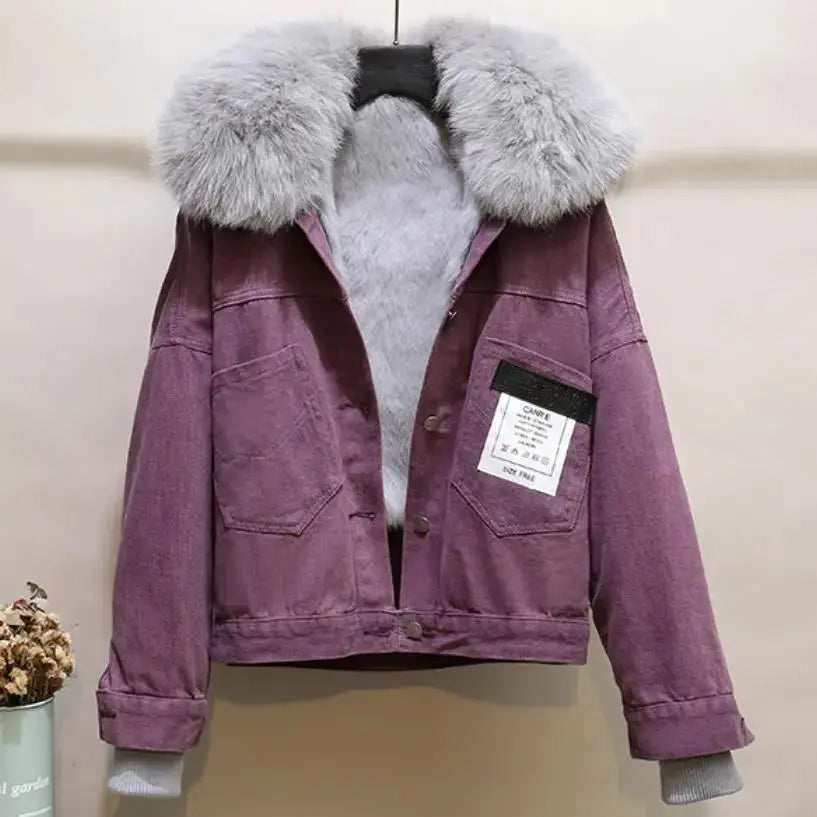 2023 winter fashion  velvet thick denim jacket women Korean loose casual rabbit fur liner real fur collar Parkas outerwear FZwear