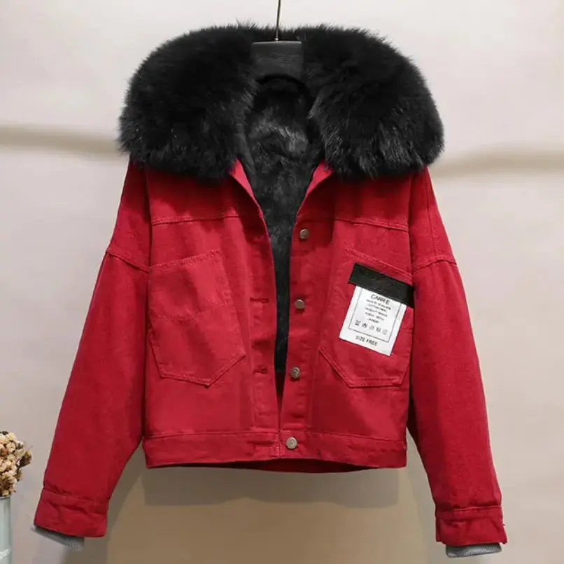 2023 winter fashion  velvet thick denim jacket women Korean loose casual rabbit fur liner real fur collar Parkas outerwear FZwear