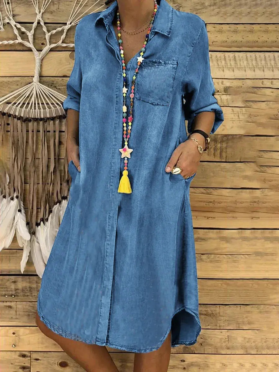 2024 Fashionable And Elegant Denim Midi Dress New Poio Collar Single Breasted Denim Casual Retro Large Size Long Sleeve Dress FZwear