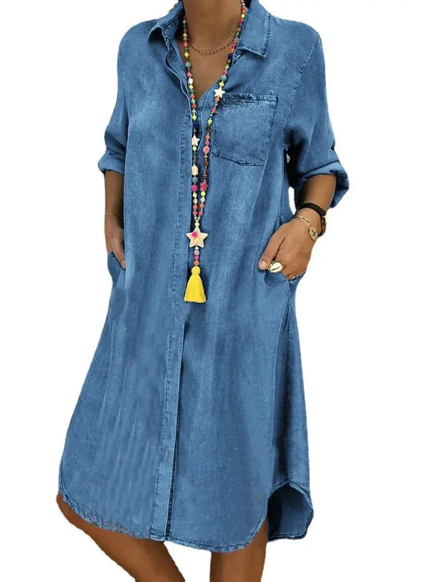 2024 Fashionable And Elegant Denim Midi Dress New Poio Collar Single Breasted Denim Casual Retro Large Size Long Sleeve Dress FZwear