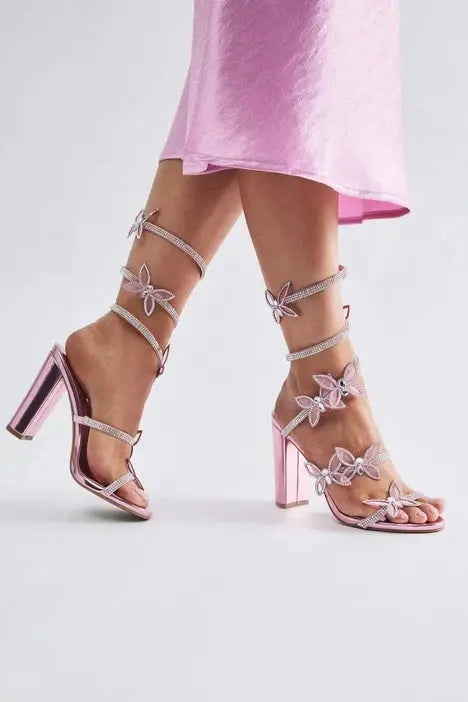 2024 Summer Design Crystal Butterfly Square Heel Sandals Women  Ankle Snake Twine Around Wedding Party Shoes High Heels 44 FZwear