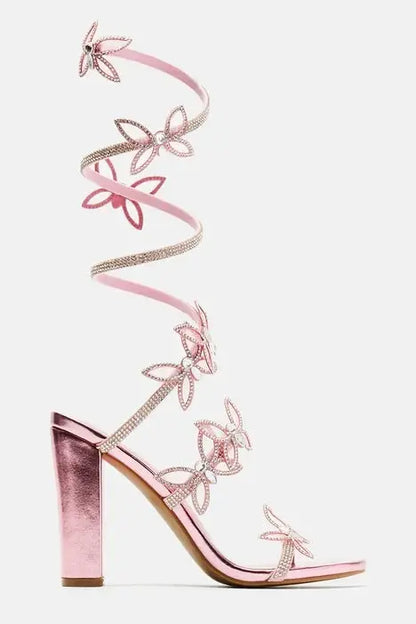 2024 Summer Design Crystal Butterfly Square Heel Sandals Women  Ankle Snake Twine Around Wedding Party Shoes High Heels 44 FZwear