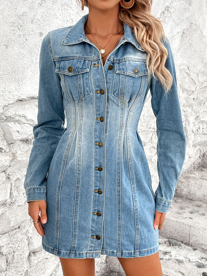 Pocketed Button Up Long Sleeve Denim Dress Trendsi