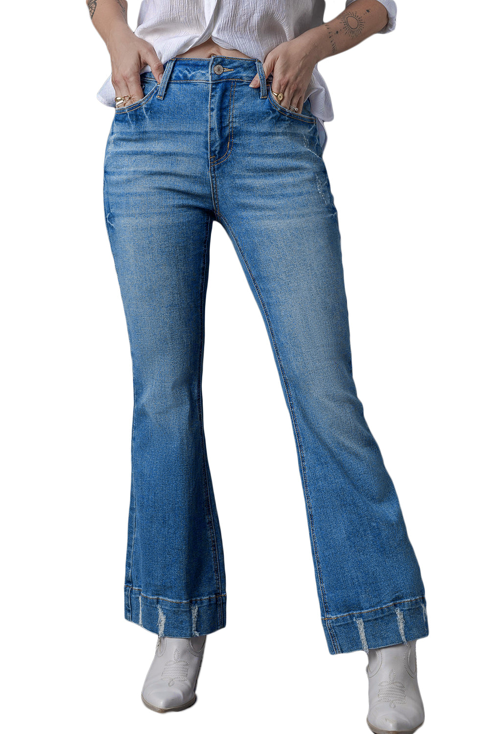 Sky Blue Slight Distressed Medium Wash Flare Jeans - FZwear