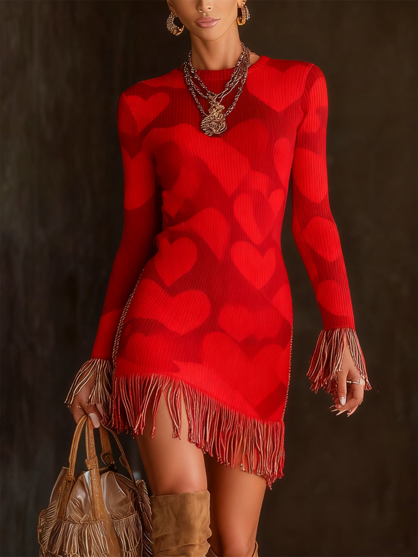 FZ Women Christmas Print Tassel Long Sleeve Mini Dress