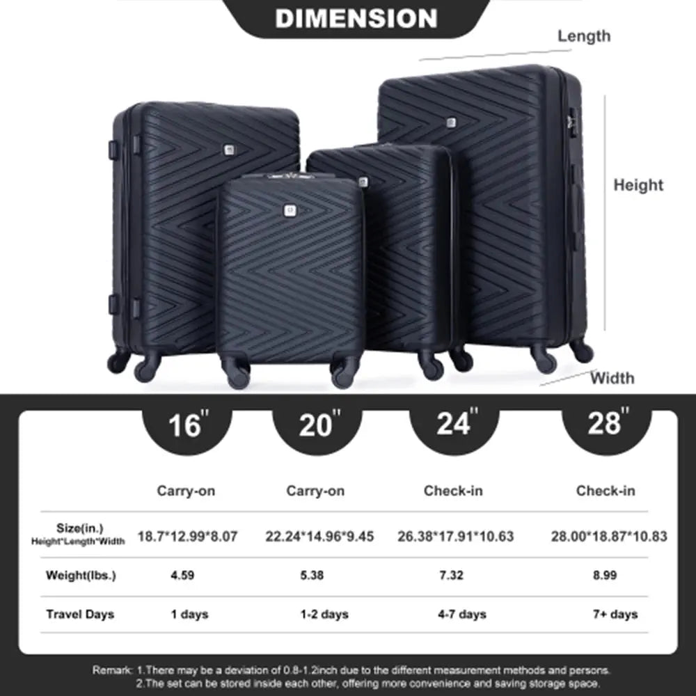 Travelhouse Luggage 4-Piece ABS Suitcase With Rotating Wheels,24 Inch and 28 Inch with TSA Lock,(16/20/24/28) FZwear