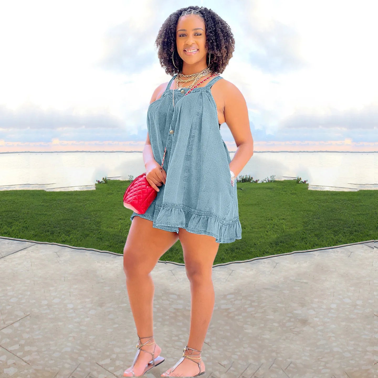 FZ Women's Spaghetti Strap Ruffles Hem Loose A-line Denim Dress