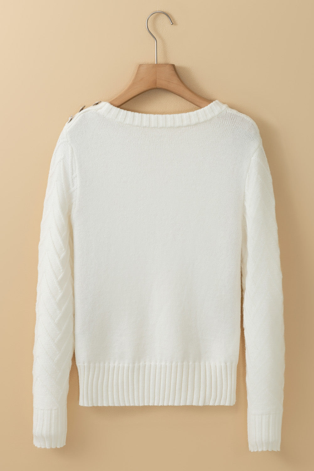 White Textured Knit Button Decor Pullover Sweater FZwear