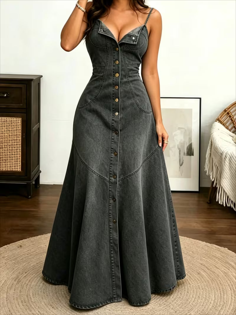 FZ Women's Single Breasted And Split Design High Waist Mid Denim Dress
