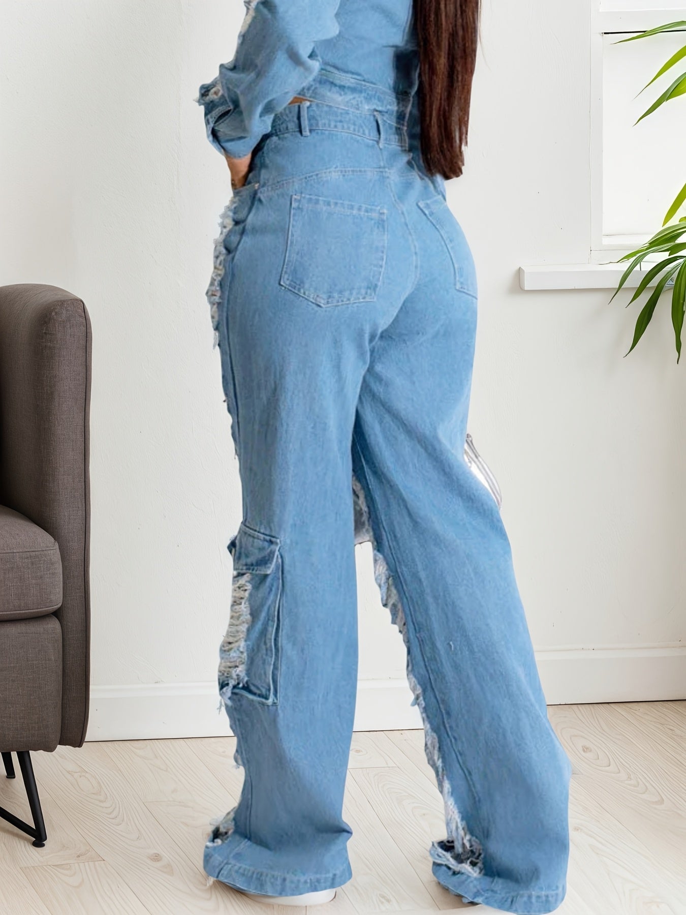 FZ Women's High-Rise Distressed Ripped Hole Denim Pants