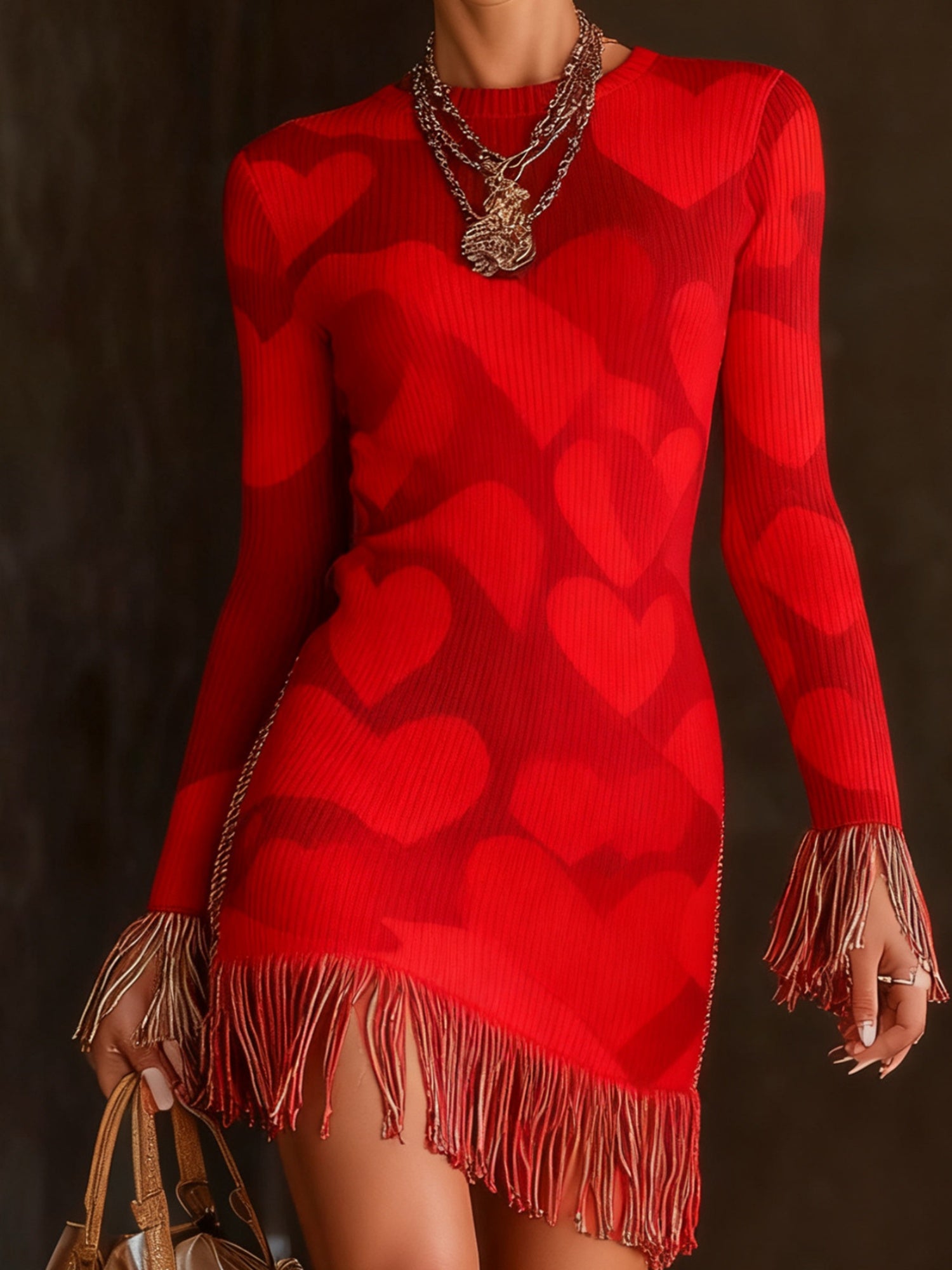 FZ Women Christmas Print Tassel Long Sleeve Mini Dress