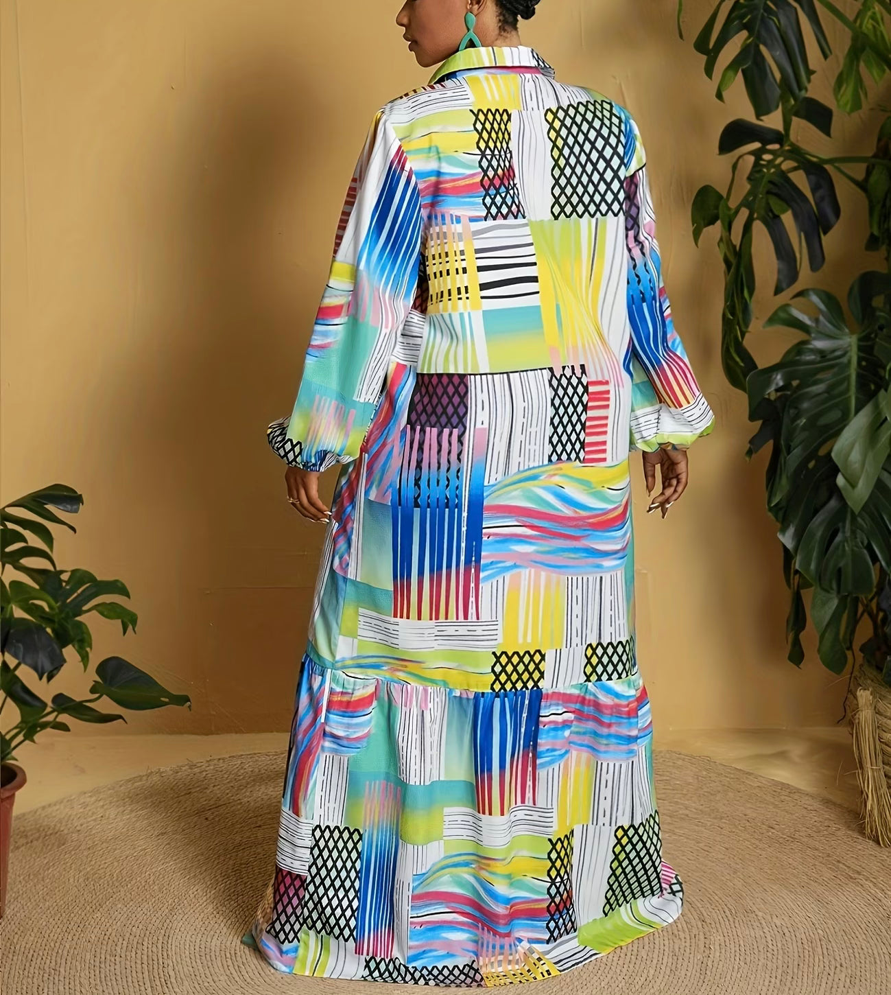 FZ Women's Plus Size Bohemian Print Long Sleeve Vintage Maxi Dress