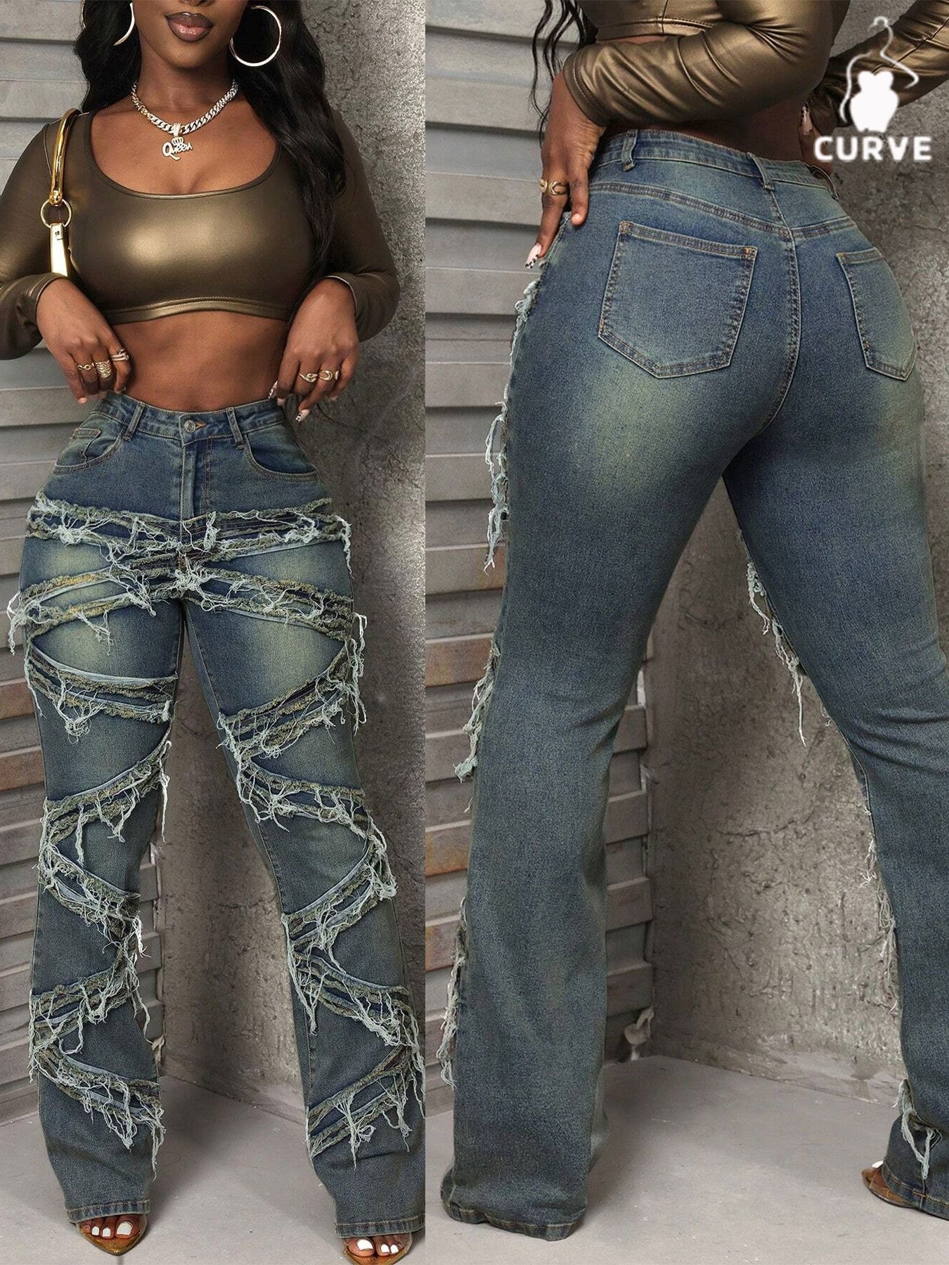 FZ Women's Plus Size High - Waisted Distressed Flared Denim Pants