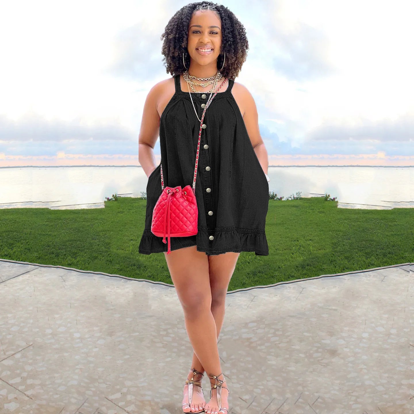 FZ Women's Spaghetti Strap Ruffles Hem Loose A-line Denim Dress