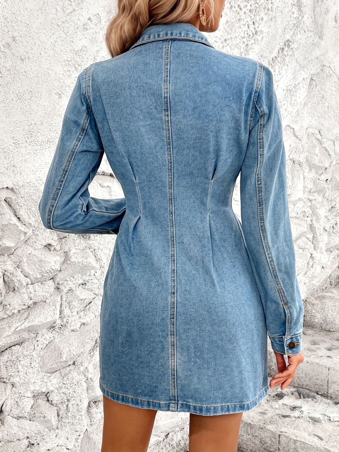 Pocketed Button Up Long Sleeve Denim Dress Trendsi