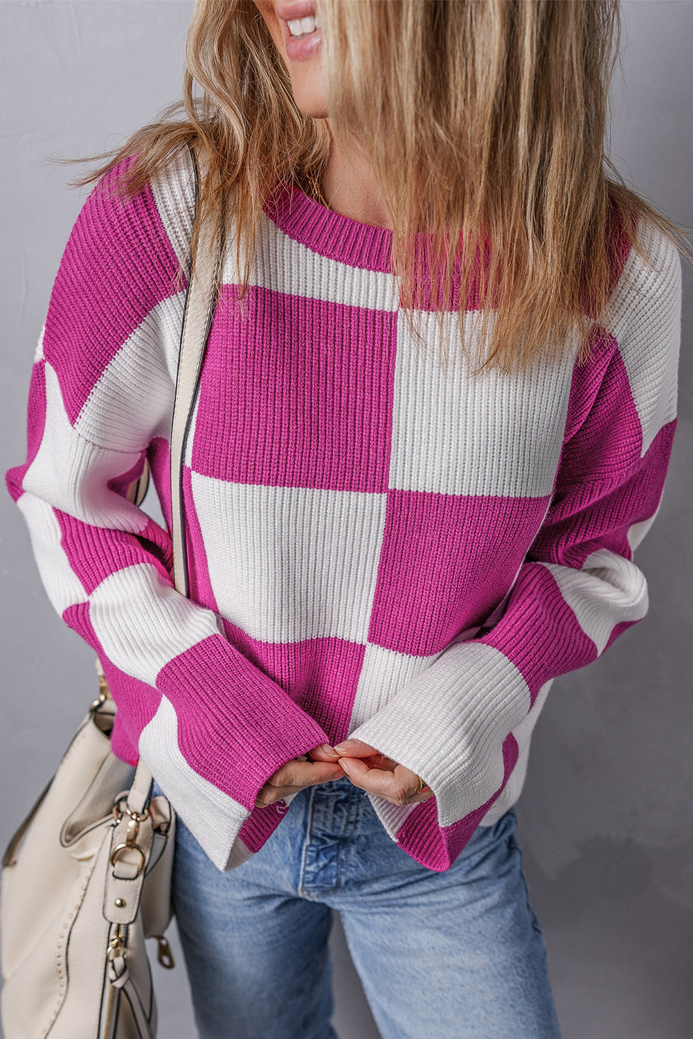 Bright Pink Checkered Round Neck Baggy Sweater