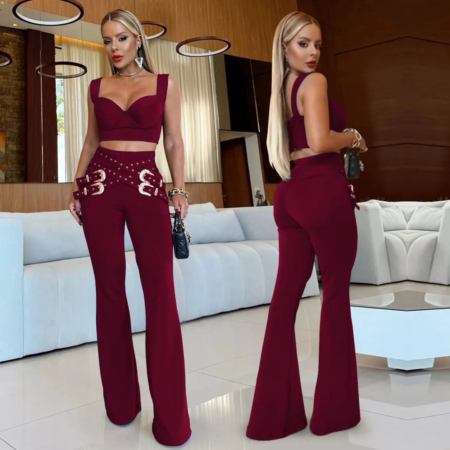 FZ Women's strapless Belt long Two Piece Pants Suit
