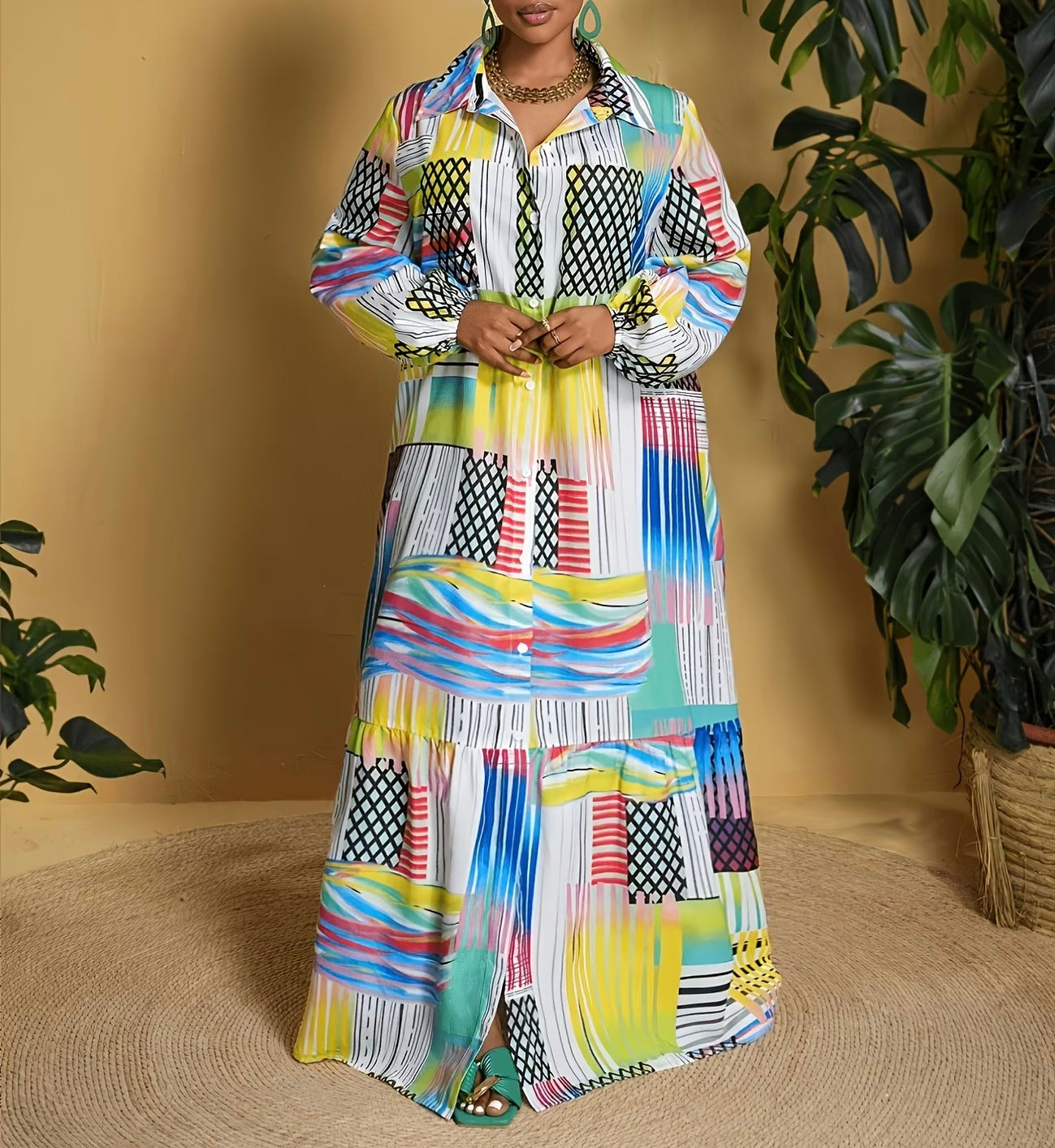 FZ Women's Plus Size Bohemian Print Long Sleeve Vintage Maxi Dress